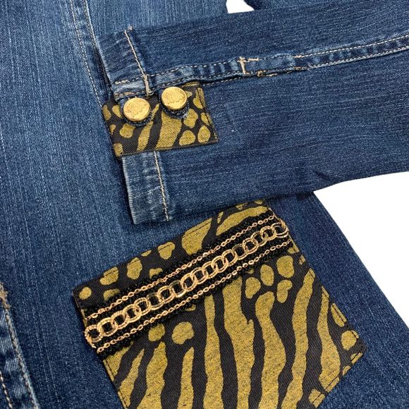 Elegant Boho Denim Jacket Black Lace Gold Chain Rockstar Y2K Goth Glam - Picture 8 of 16